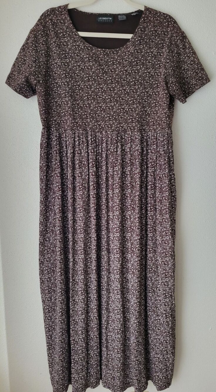 Liz Claiborne Empire Waist Maxi Mom Dress Brown Cottagecore Boho Women's L